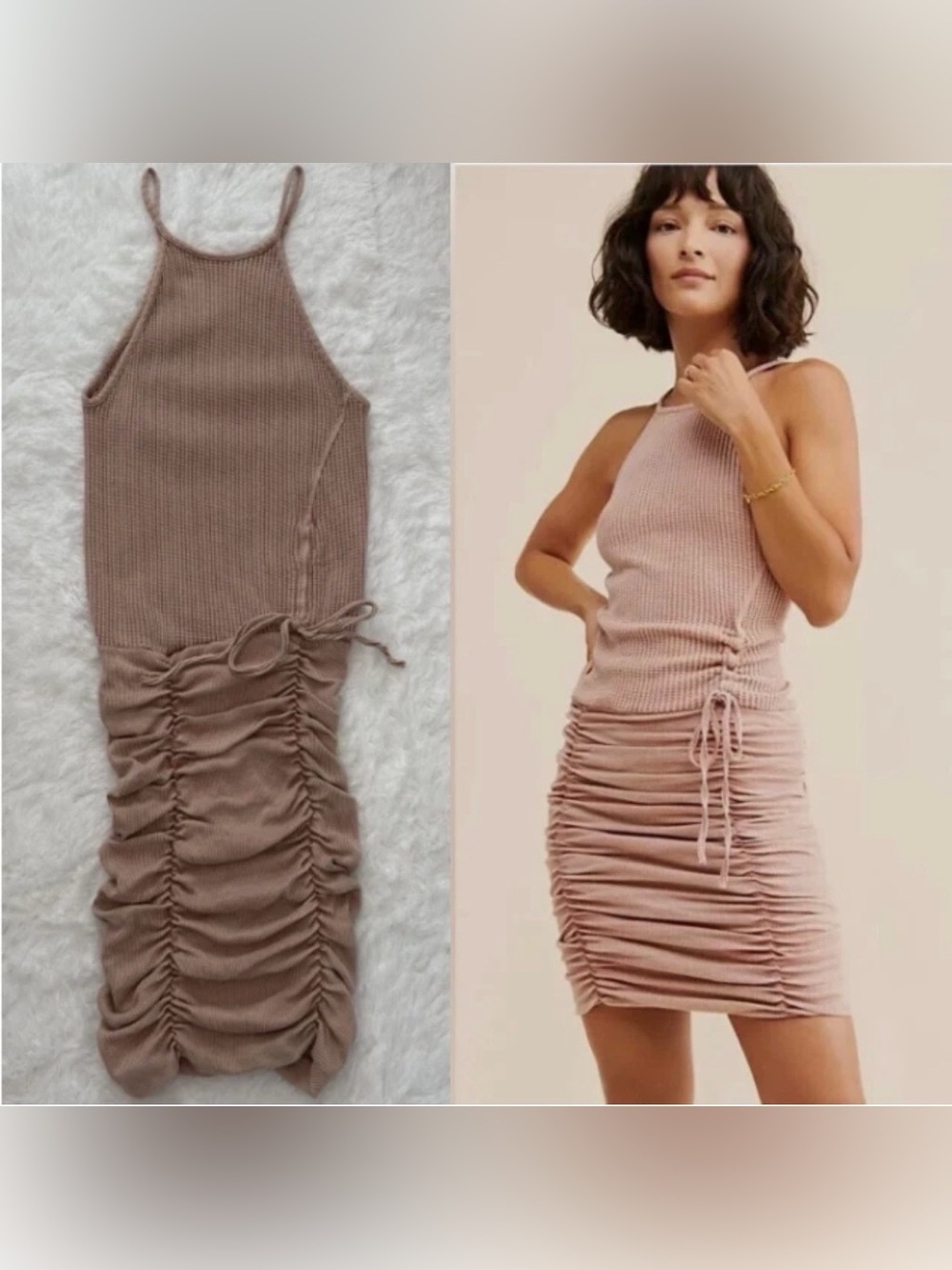 Free People FP One Thermal Ruched Mini Dress Mauve Pink Halter Waffle Knit XS